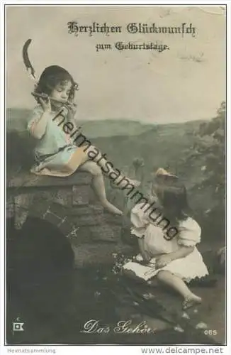 Geburtstag - spielende Kinder - Flöte - Foto-AK coloriert