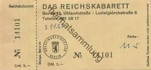 Deutschland - Berlin - Das Reichskabarett Uhlandsterasse/Ludwigkirchstrasse 6 - Eintrittskarte 1967