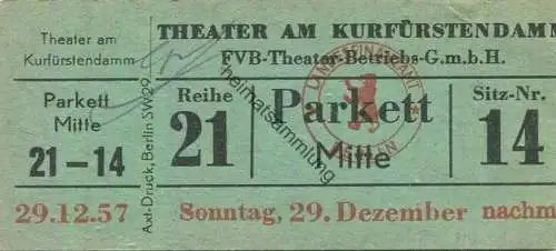 Deutschland - Berlin - Theater am Kurfürstendamm - Eintrittskarte 1957