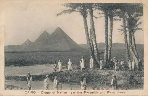 PC49578 Kairo. Gruppe von Einheimischen in der Nähe der Pyramiden und Palmen. 1916