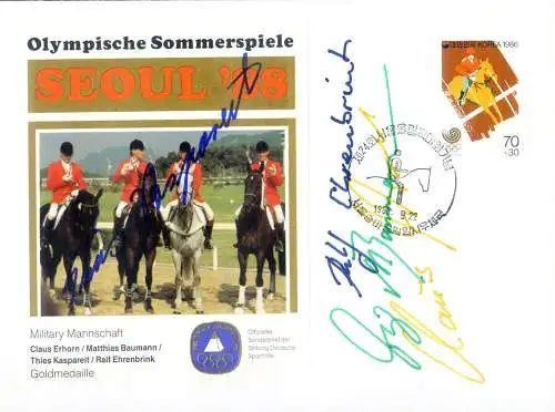 Sport. Olympische Spiele Seoul 1988. Reiten. Umschlag mit Autogrammen der deutschen Siegermannschaft.