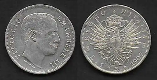 1907 Italia VE III Lire 1 Aquila Sabauda in argento FDC