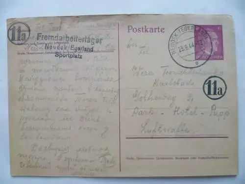 Postkarte Fremdarbeitslager Neudek / Egerland 25.9.1944