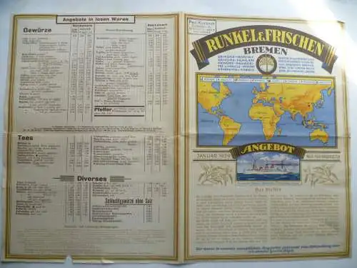 Preisliste 1939 Runkel & Frischen Bremen Tee Gewürze