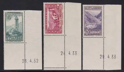 1932-33 FRANZÖSISCHES ANDORRA, Nr. 36/39A/40A 3 MNH/** TOP Werte