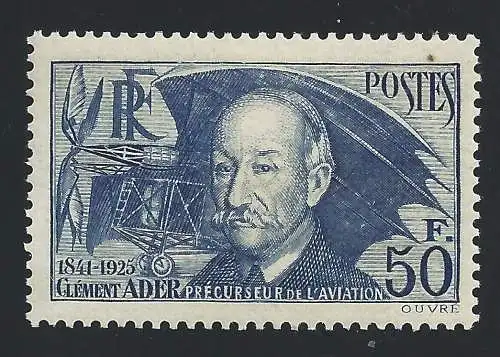 1938 FRANKREICH, Nr. 398 Clement Ader postfrisch ** dunkler punkt oben rechts