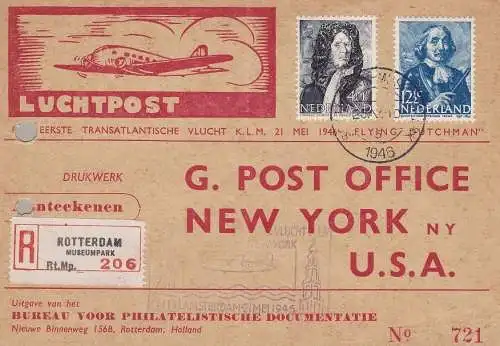 1946 HOLLANDA, NIEDERLANDE, ERSTER OFFIZIELLER FLUG AMSTERDAM - NEW YORK