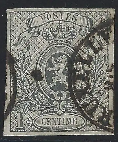 1866 Belgien - Nr. 22 1 Cent grau - Ungezahnt - GEBRAUCHT DEFEKT