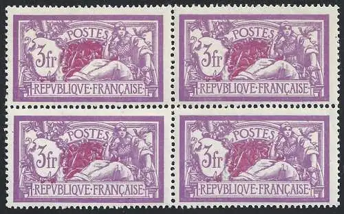 1927 FRANKREICH - Nr. 280 3 Franken Flieder und Karmin ** (3)/MH(1) QUARTINA