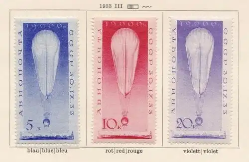 1933 RUSSLAND, Ballon UdSSR, Yvert Luftpost Nr. 38/40 Serie von 3 Werten - MLH* - Gute Qualität