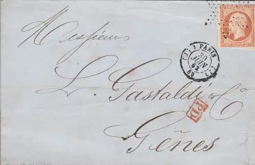 1862 FRANKREICH, 40c. Nr. 16 auf Brief nach Genua mit Stern/Stern Annullierung