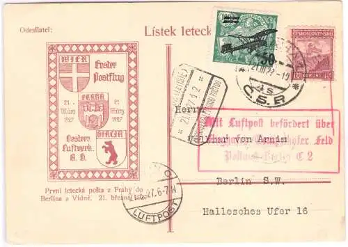 1927 TSCHECHOSLOWAKEI, ERSTFLUG PRAHA-BERLIN SONDERCARTE - Sonderkarte I. VoloDLH/CSA