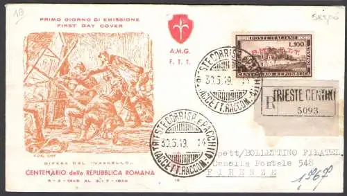 1949 TRIEST A - Römische Republik auf Umschlag Venedig Nr. 13 Empfohlen für Italien