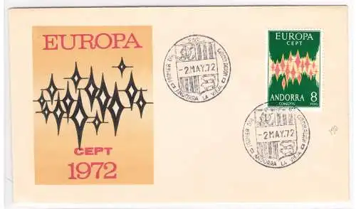 1972 SPANISCHES ANDORRA, Nr. 64A, Europa Cept 8 S. grün und polychrom auf Umschlag