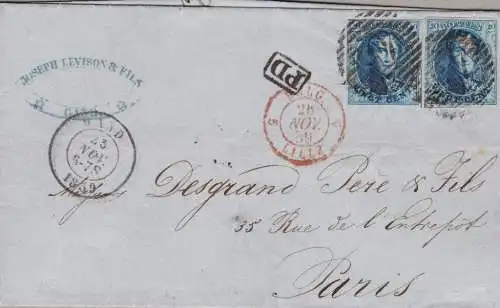 1859 Belgien - Nr. 11A 20 Cent. König Leopold I. - Brief mit zwei Exemplaren in verschiedenen Farbtönen