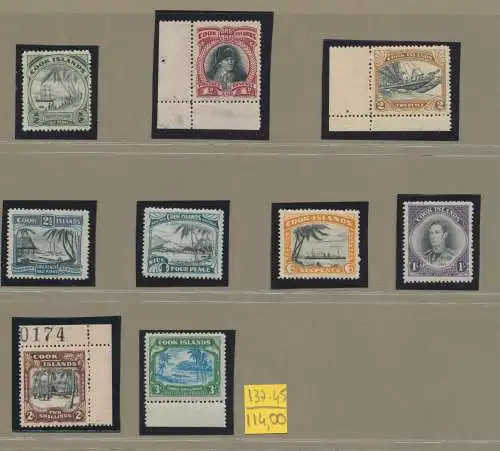 1944-46 COOK ISLANDS, Stanley Gibbons n. 137/45 - 9er Werteserie - postfrisch**