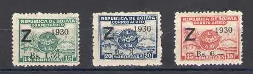 1930 Bolivien, Luftpost, Yvert-Katalog Nr. 3G/3J, überdruckt - 3 MH Werte*