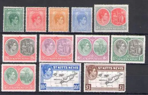 1938 ST. KITTS NEVIS, George VI, Serie von 12 Werten, Stanley Gibbons Nr. 68a/77f - MH*