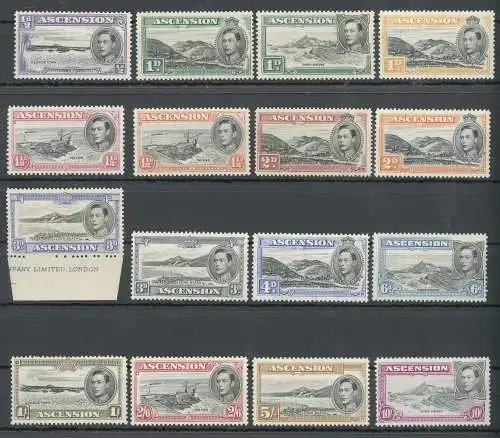 1938-53 ASCENSION, Stanley Gibbons n. 38b-47b, 16 Werte - George VI und Ansichten - Komplette Serie - postfrisch**