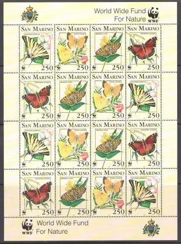 1993 San Marino, Minifoglio Schmetterlinge, WWF - Naturschutz - Minifoglio mit 16 Werten - MNH**