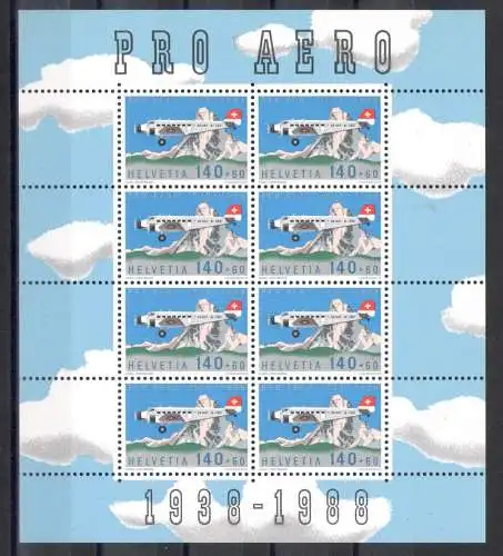 1988 SCHWEIZERISCHE, Luftpost Nr. 49, MiniFoglio Cinquantenario Pro Aireo, Mini-Blatt von 8 Exemplaren, postfrisch **