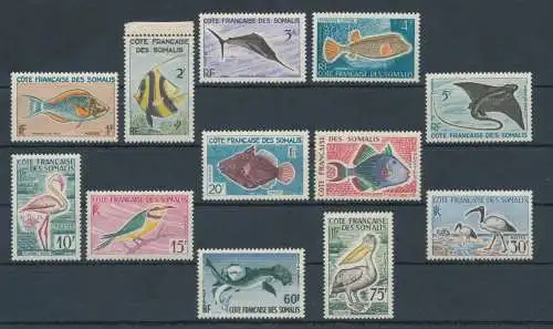 1959-60 Französische Küste der Somalis - Katalog Yvert Nr. 292/303 - Fische und Vögel - 12 Werte - postfrisch** (1 Wert 30 Franken mit Papierhaftung)