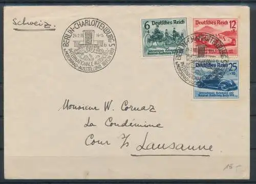 1939 Deutschland - Reich, Internationale Automobil-Ausstellung, Nr. 627/29, 3 Werte - Umschlag gebraucht von Berlin nach Lausanne (Absage der Veranstaltung)