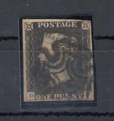 1840 GROSSBRITANNIEN - Stanley Gibbons Nr. 1 - 1 Penny Black - Gebraucht mit Malteserkreuz - Gute Qualität Initialen D-F