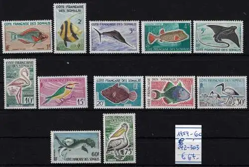 1959-60 Französische Küste der Somalis - Katalog Yvert Nr. 292/303 - Fische und Vögel - 12 Werte - postfrisch**