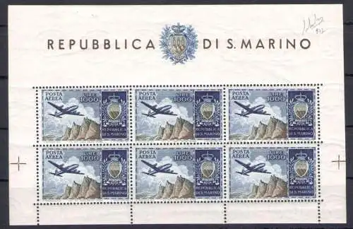 1954 SAN MARINO, Blatt Nr. 16 Flugzeugblatt mit Ansicht und Wappen, postfrisch**, historisches Landmans-Zertifikat