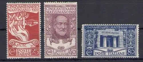 1922 Italien Königreich - Nr. 128/30, 50. Todestag Giuseppe Mazzini, 3 Werte - postfrisch**