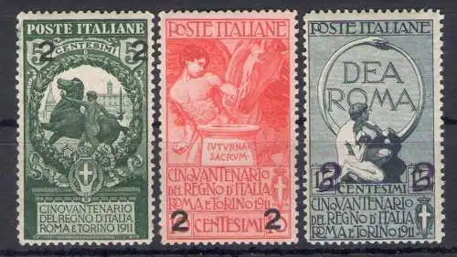 1913 Italien - Königreich, Nr. 99/01, Einheit Italiens überdruckt - 3 Werte - postfrisch **