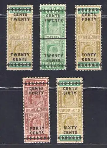 1910 Ceylon, Stanley Gibbons Telegraphici Nr. 180/84- MH*