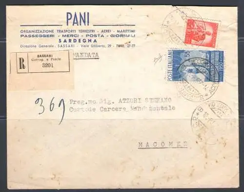 1950 Italien Republik, Rundfunkumschlag, von Sassari bis Macomer