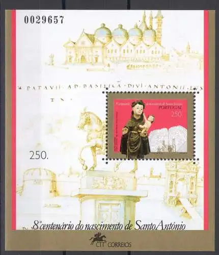 1995 Portugal, Blatt Sant'Antonio da Padua, 8. Hundertjähriges Jubiläum, gemeinsame Ausgabe mnh**