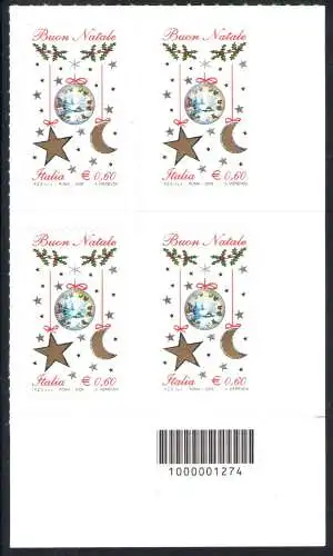 2009 Italienische Republik Barcodes Weihnachten Laico Quartina 1 val Barcode Nr. 1274 MNH** Die seltensten 