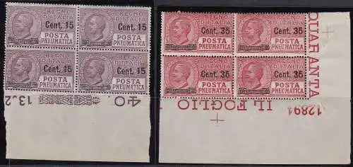 1927 Königreich Italien, Pneumatische Post 10/11 MNH/** BLOCKE MIT TABELLNUMMERN