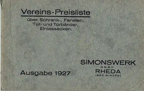 Vereins-Preisliste über Schrank-, Fenster-, Tür- und Torbänder, Einlassecken. 