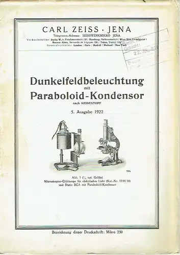 Dunkelfeldbeleuchtung mit Paraboloid-Kondensor
 Prospekt Mikro 230. 