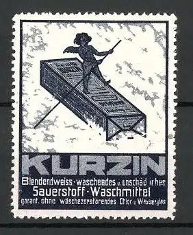 Reklamemarke "Kurzin"-Sauerstoff-Waschmittel, "Blendend weiss!", Engel benutzt "Kurzin"-Packung als Floss, schwarz