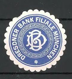 Präge-Reklamemarke Dresdener Bank-Filiale München, Firmenlogo