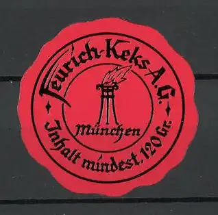 Präge-Reklamemarke "Freurich"-Keks AG, München, Feuerstelle, Marke in Form eines Siegels