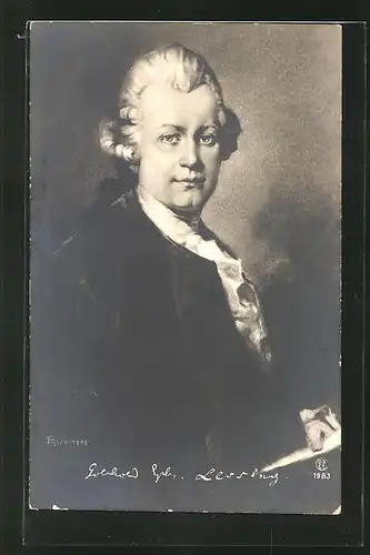 AK Portrait Dichter Gotthold Ephraim Lessing mit Perücke, Jackett und Schriftstück