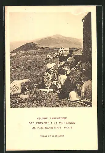 AK Oeuvre Parisienne des Enfants a la Montagne, Repas en Montagne, Kinderfürsorge