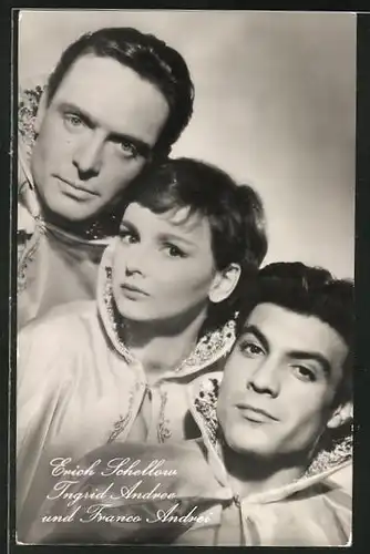 AK Schauspieler Erich Schellow, Ingrid Andree und Franco Andrei in dem Film "Drei vom Varietè"