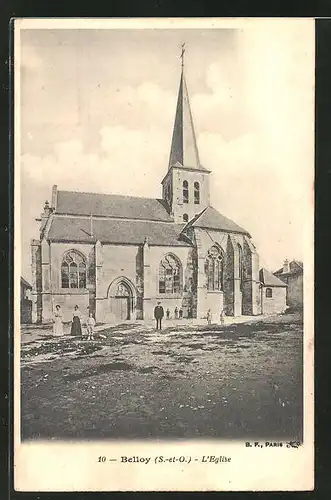 AK Belloy, L-Eglise, Kinder und Frauen vor der Kirche