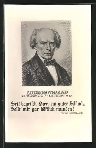 AK Portät Ludwig Uhlands, Ausspruch Hei! bayrisch Bier, ein guter Schluck, Sollt` mit gar köstlich munden!