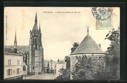 AK Dourdan, L`Eglise et la Place du Marché