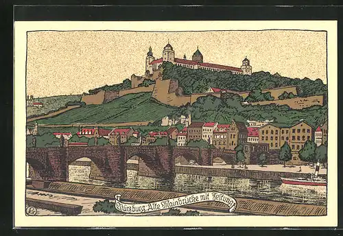 Steindruck-AK Würzburg, Alte Mainbrücke mit Festung