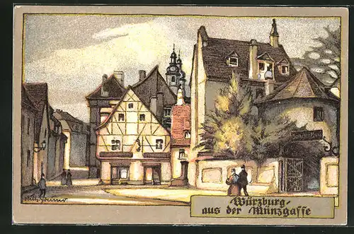 Steindruck-AK Würzburg, Aus der Münzgasse mit Gasthaus